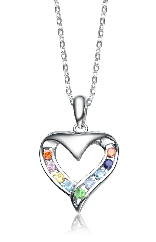 Eight-strand necklaces-Sterling Silver Cubic Zirconia and Burnt Amber Blue White Green and Yellow Cubic Zirconia Heart Pendant Necklace