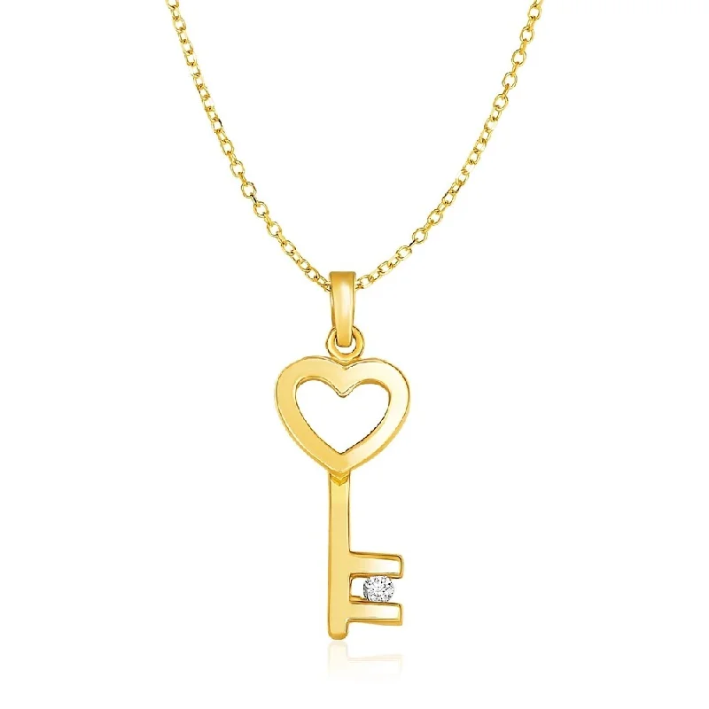 Round stone necklaces-14k Yellow Gold Necklace with Gold and Diamond Heart Key Pendant