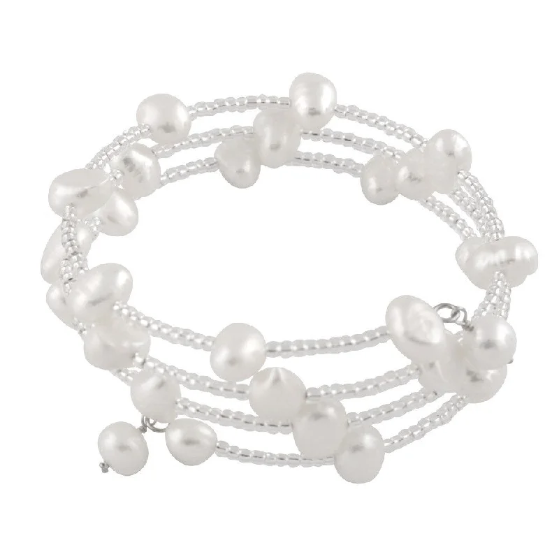 Lily motif bangles-Sterling Silver Triple Row Beaded Freshwater Pearl Cuff Bracelet (6-7mm)