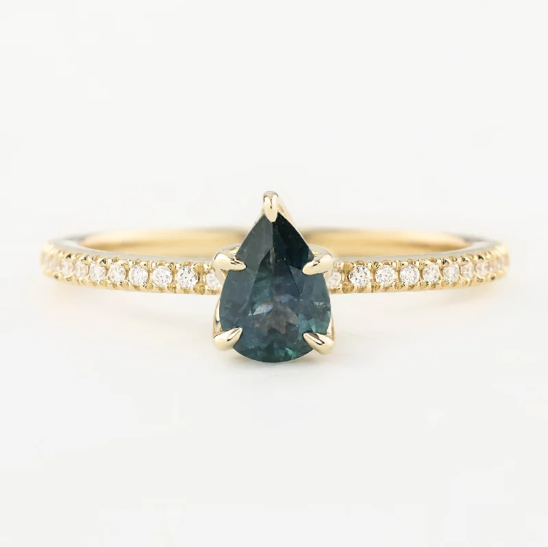 Vivid druzy engagement rings-Maria Ring 0.8ct Pear Cut Peacock Green Montana Sapphire, 14K Yellow Gold (One of a kind)