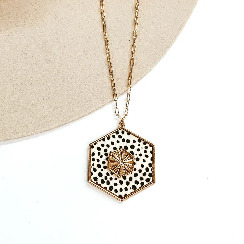 Java tile earrings-Long Gold Chain Necklace with a Hexagon Pendant in Ivory Cheetah Print