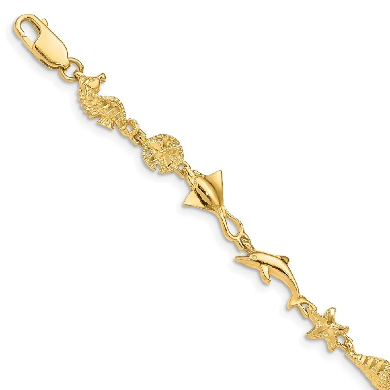 Vivid diamond bangles-14k Yellow Gold 8.5mm Polished and Textured Ocean Motif Bracelet, 7"