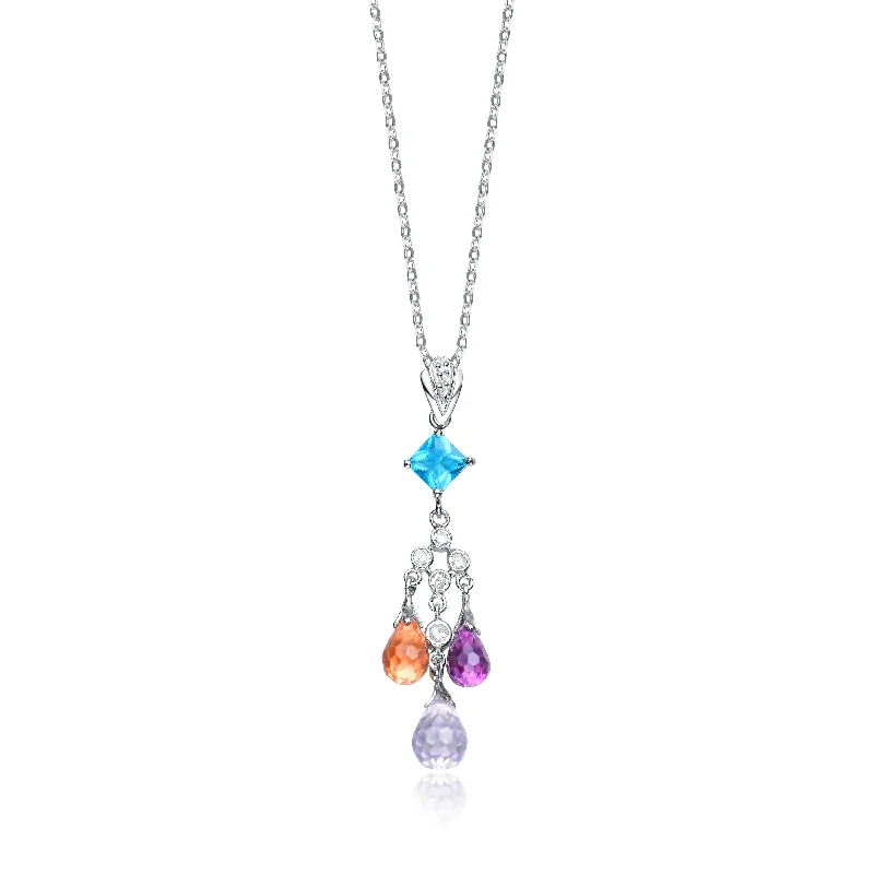 Vintage photo necklaces-Sterling Silver Cubic Zirconia and Blue Orange and Purple Cubic Zirconia Dangling Pendant Necklace