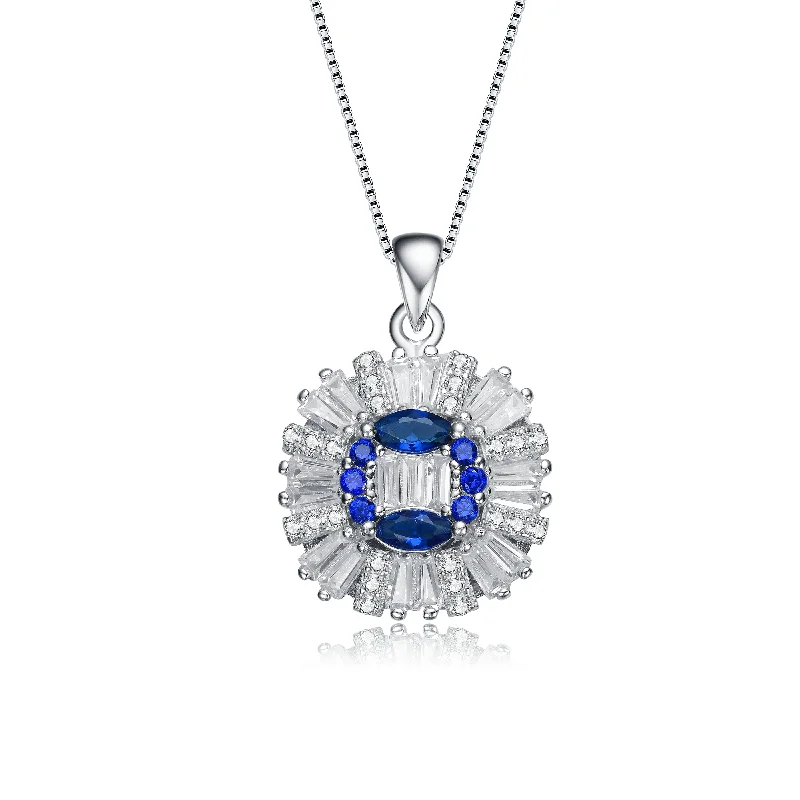 Wide link necklaces-Sterling Silver with Rhodium Plate and Blue Sapphire Cubic Zirconia Stones Pendant Necklace