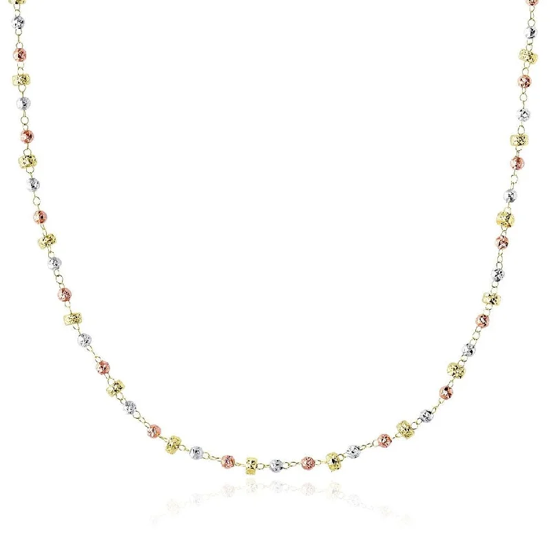 Fine drop necklaces-14k Tri-Color Gold Necklace with Textured Round and Barrel Bead Links