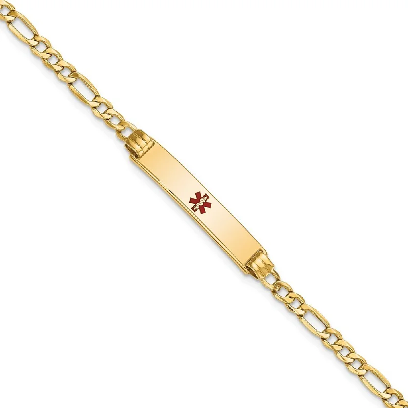 Tiny wing bangles-14k Yellow Gold 5.5mm Semi-solid Medical Polished Red Enamel Figaro ID Bracelet, 7"