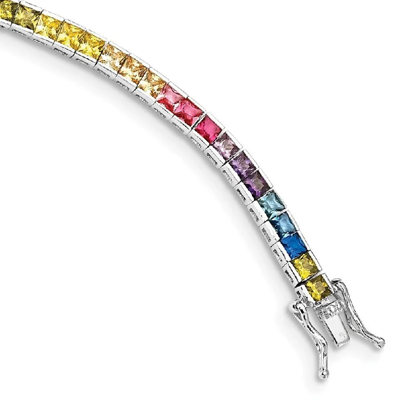 Spinel stone bangles-925 Sterling Silver Rhodium-plated Channel-Set Colorful Cubic Zirconia Bracelet, 7.25"