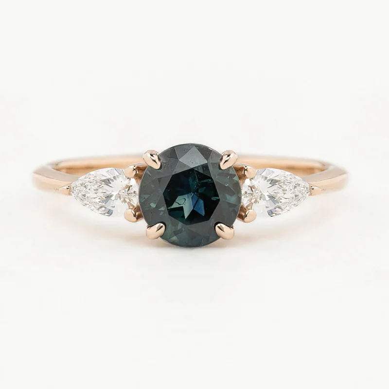 Raven feather engagement rings-Olivia Grand Ring 1.37ct Deep Teal Blue Round Queensland Sapphire, 14K Rose Gold (One of a kind)