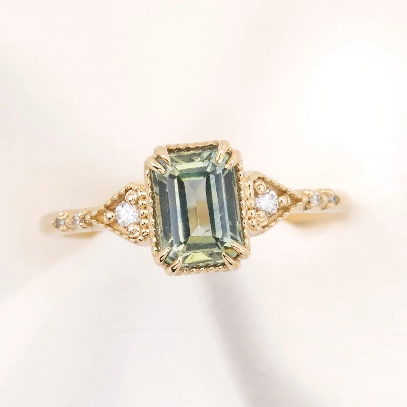 Spring band engagement rings-Agatha Ring 1.59ct Light Green Montana Sapphire, 14k Yellow Gold (One of a kind)