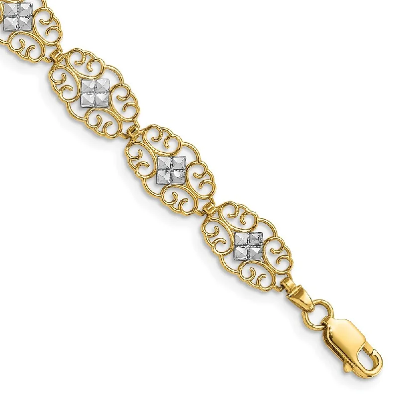 Tide shape bangles-14k Yellow Gold and White Rhodium 8.3mm Diamond-Cut Fancy Bracelet, 7.25"