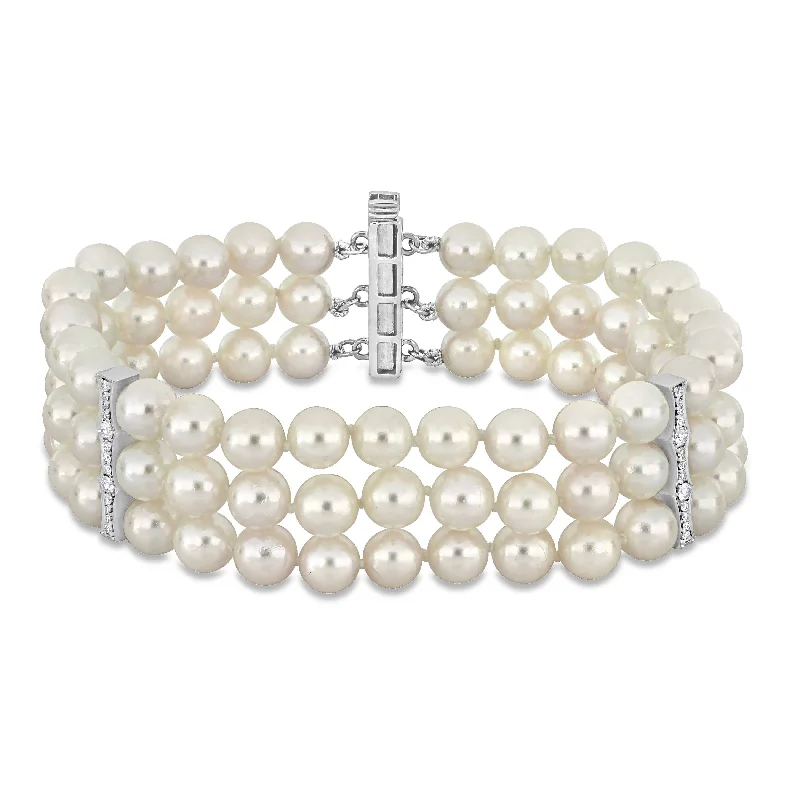 Dove motif bangles-Miadora 3-Strand 3/8ct TDW Diamond and 6-6.5mm White Japanese Akoya Pearl Bracelet 14k White Gold Clasp