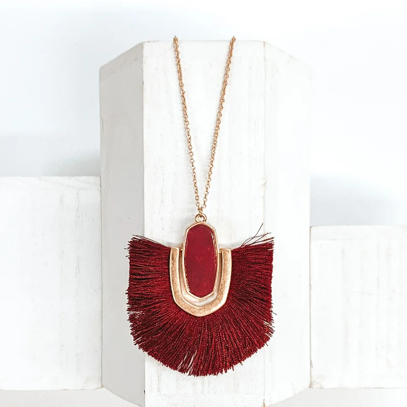 Tiny dot earrings-Long Gold Chain Necklace with a Semi Precious Oval Pendant and Fringe in Burgundy