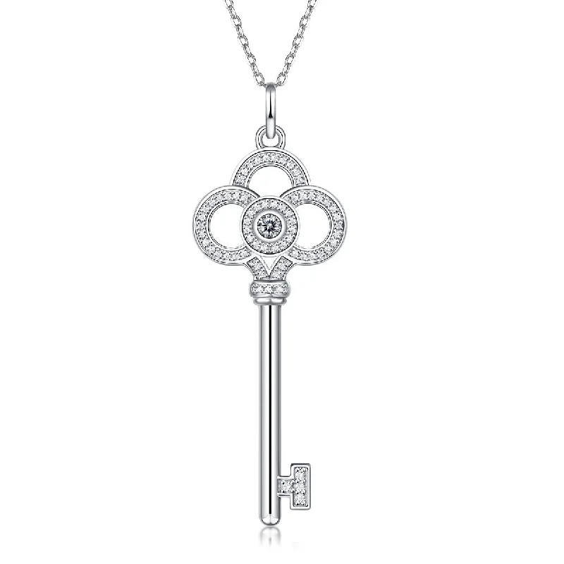 Flat knot necklaces-Sterling Silver with 0.10ctw Lab Created Moissanite Skeleton Key Eternity Circle Pendant Necklace