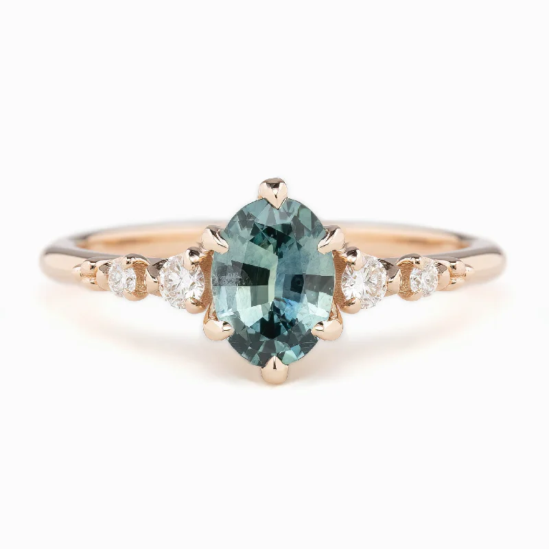 Rustic lock engagement rings-Estel Fleur Six Prongs Ring 1.05ct Teal Blue Oval Montana Sapphire, 14K Rose Gold (One of a kind)