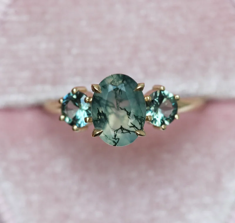 Retro style engagement rings-Marla Moss Agate Ring with Teal Tourmalines