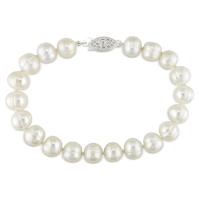 Coiled cord bangles-Miadora Sterling Silver White Cultured Freshwater Pearl Bracelet (7.5-8 mm)