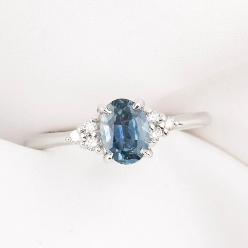 Satin finish engagement rings-Teresa Ring Teal Blue Montana Sapphire, 14k White Gold (One of a kind)