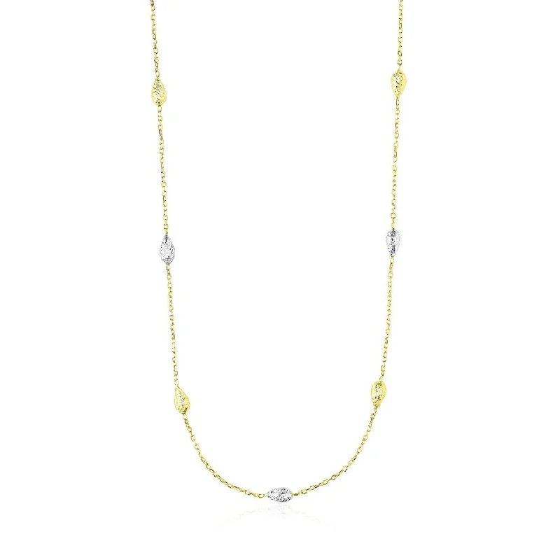 Amethyst stone necklaces-14k Two-Tone Gold Puffed Diamond Cut Teardrop Station Chain Necklace