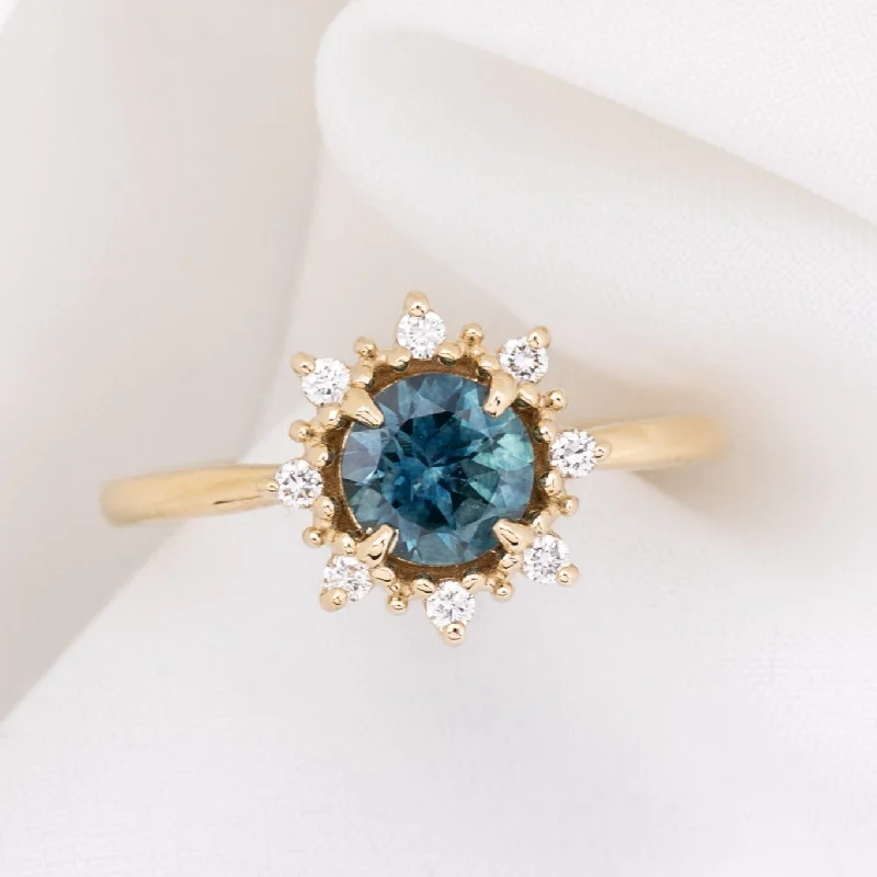 Halo sapphire engagement rings-Victoria Ring 1.01ct Teal Blue Montana Sapphire, 14k Yellow Gold (One of a kind)