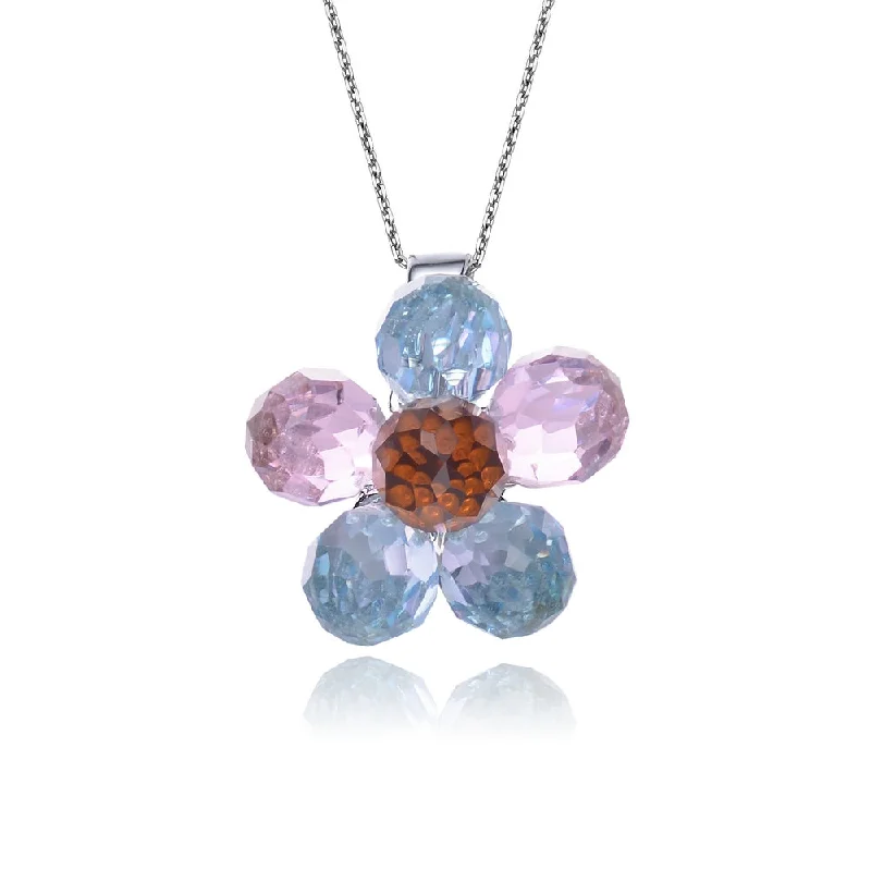 Chic art necklaces-Sterling Silver Multicolor Cubic Zirconia Flower Necklace