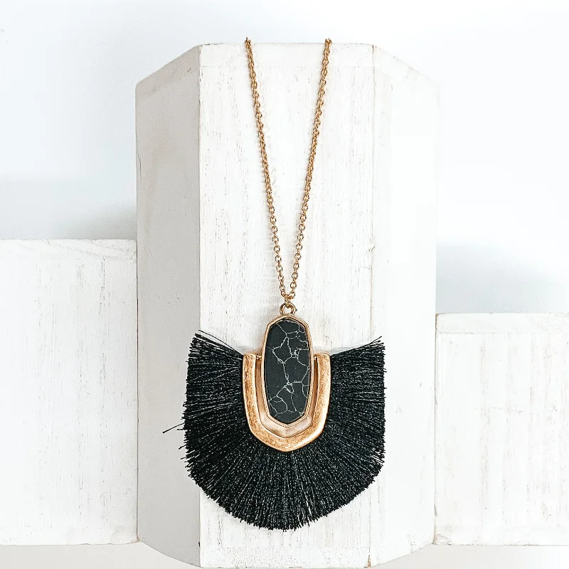 Pure gem earrings-Long Gold Chain Necklace with a Semi Precious Oval Pendant and Fringe in Black