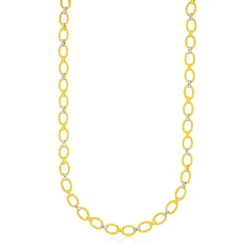 Glossy gold necklaces-14k Two-Tone Gold Multi-Textured Oval Link Fancy Necklace