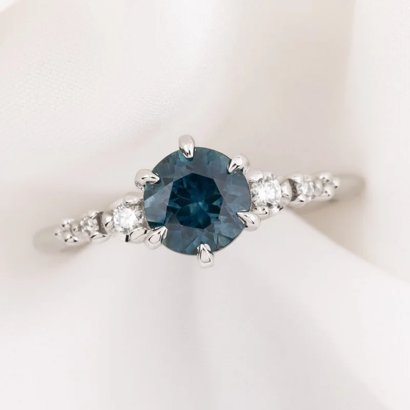 Radiant star engagement rings-Estel Fleur Six Prongs Ring 1.42ct Deep Teal Blue Montana Sapphire, 14k White Gold (One of a kind)