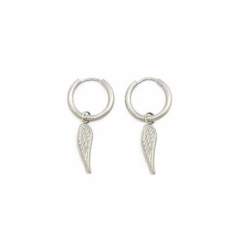 Tiny dot earrings-Angel Wing Hoop Earrings - Silver