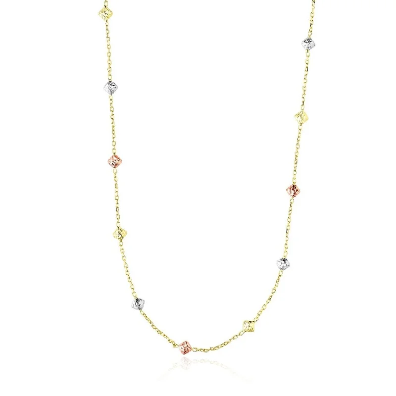 Baroque pearl necklaces-14k Tri-Color Gold Necklace with Faceted Diamond Shape Stations