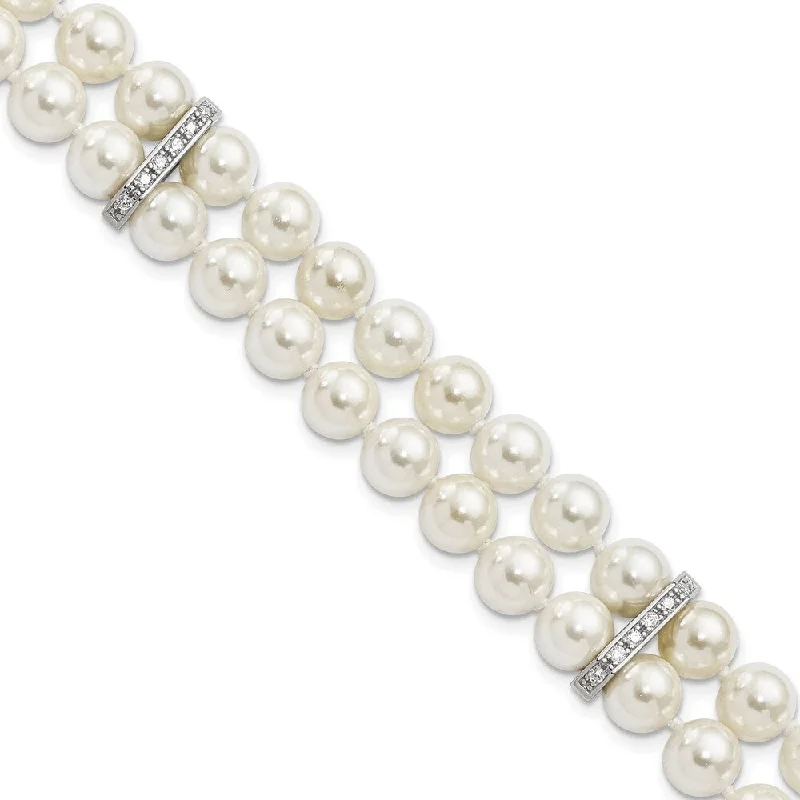 Fine bead bangles-925 Sterling Silver Majestik Rhodium-plated 7-8mm Wht Imitat Shell Pearl & Cubic Zirconia Bracelet, 7.5"