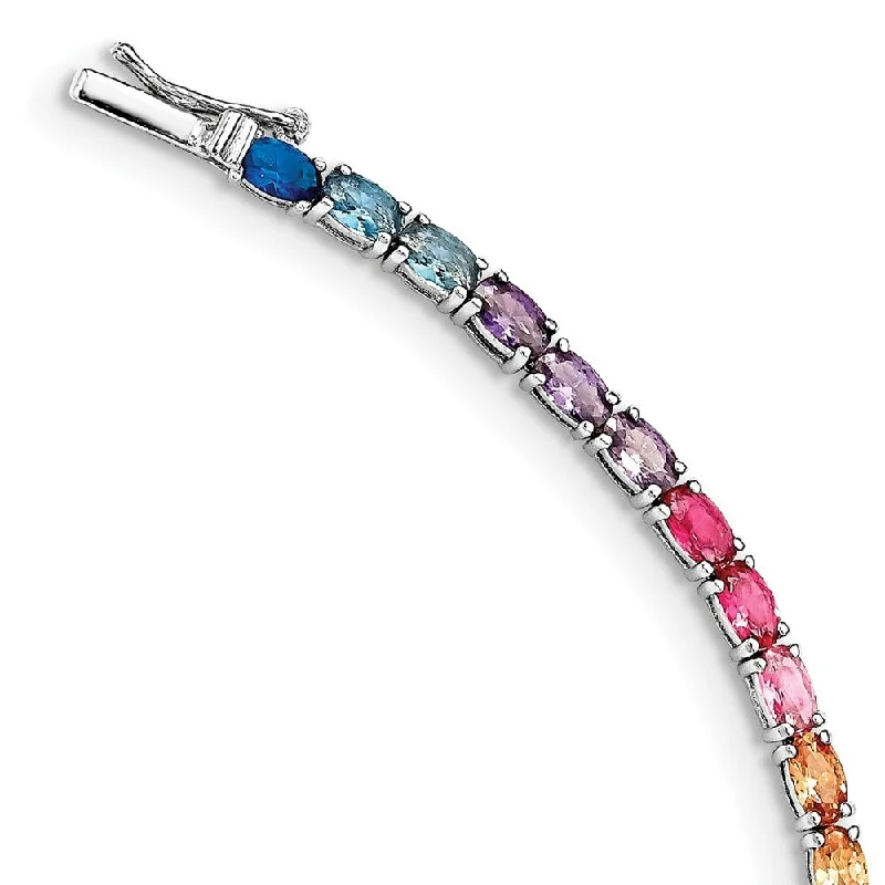 Heavy gem bangles-925 Sterling Silver Rhodium-plated Oval Colorful Cubic Zirconia Tennis Bracelet, 7.5"