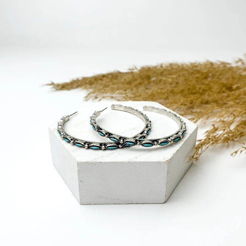 Large hoop earrings-Large Silver Tone and Turquoise Hoop Earrings