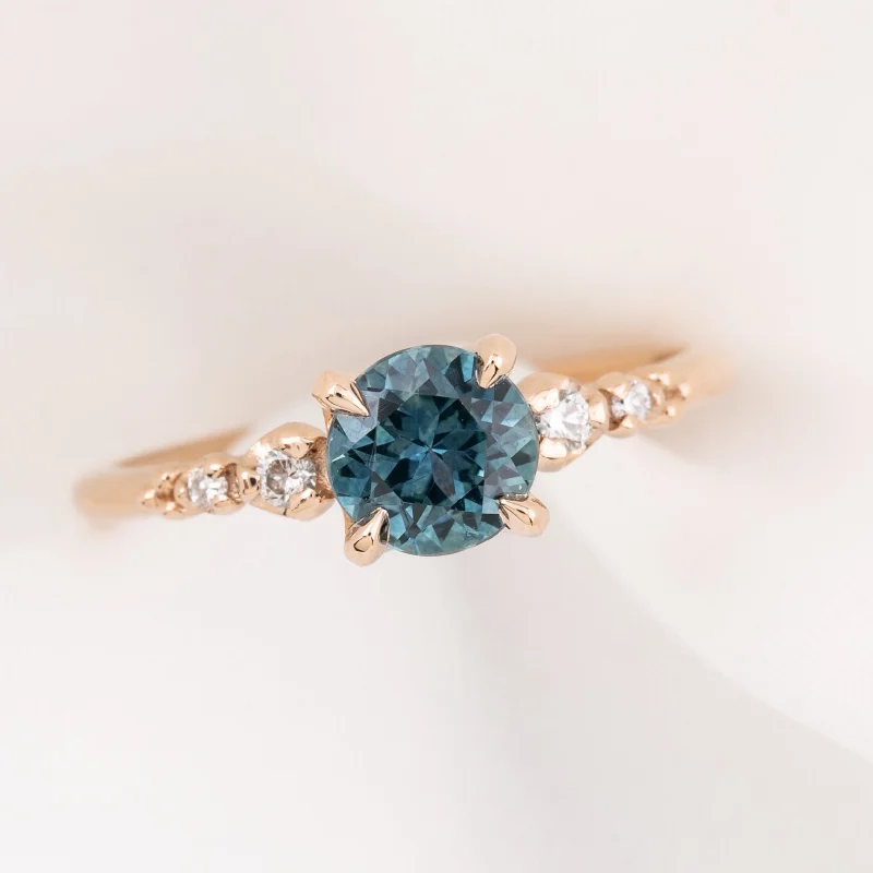 Morganite engagement rings-Estel Fleur Four Prongs Ring, Teal Blue Green Montana Sapphire, 14k Rose Gold (One of a Kind)