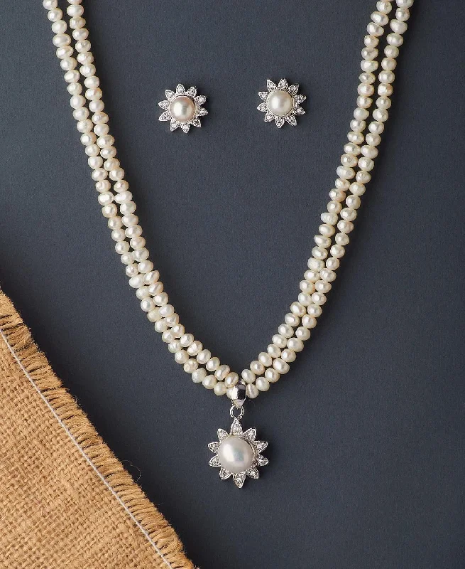 Crystal-woven necklaces-Floral Real Pearl Necklace Set