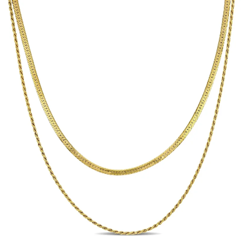 Heavy collar necklaces-Miadora Double-Strand Herringbone and Rope Chain Necklace in Yellow Silver