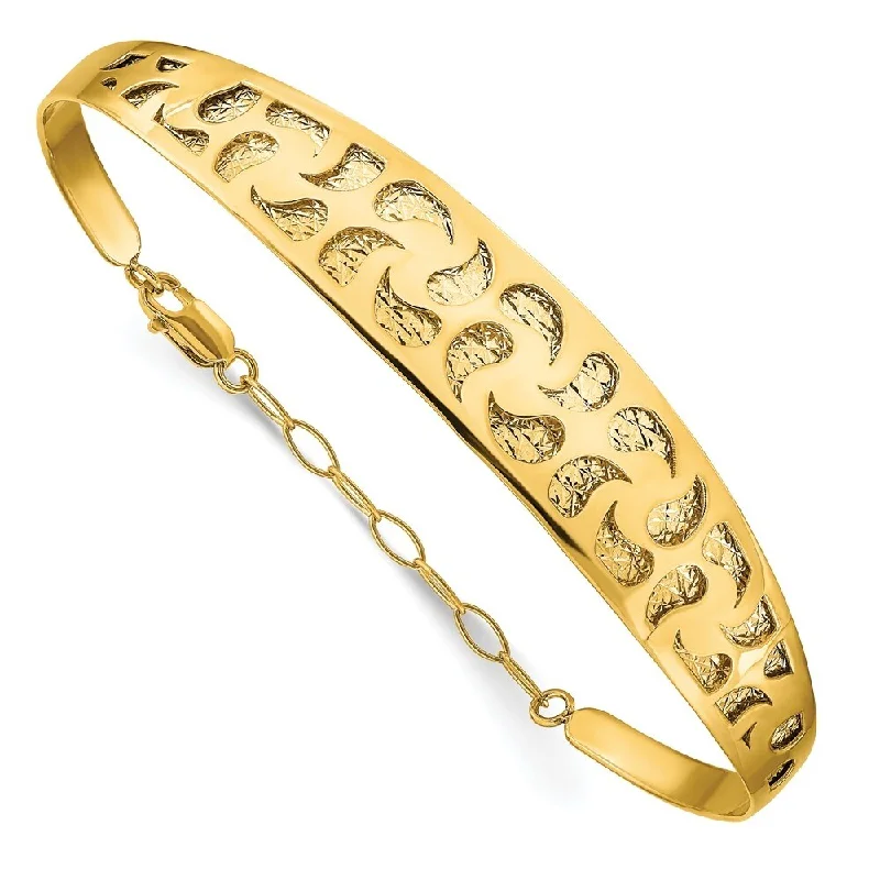 Glossy cuff bangles-14k Yellow Gold 12mm Polished Diamond-Cut w/ Safety Chain Bracelet Bangle Bracelet