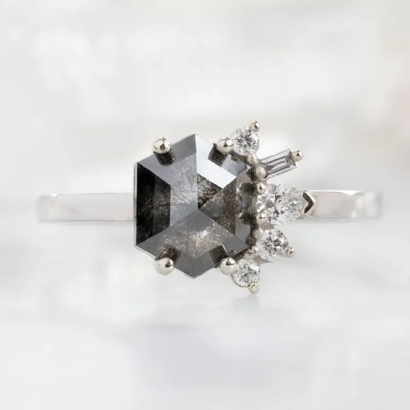 Deco style engagement rings-The Cluster Ring | 1.25ct Hexagon Black Diamond in 14K White Gold