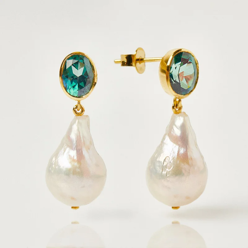 Topaz earrings-Baroque Pearl and Green Topaz Drop Earrings