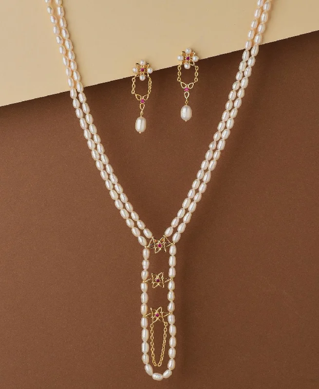 Slanted design necklaces-Floral Real Pearl Necklace Set