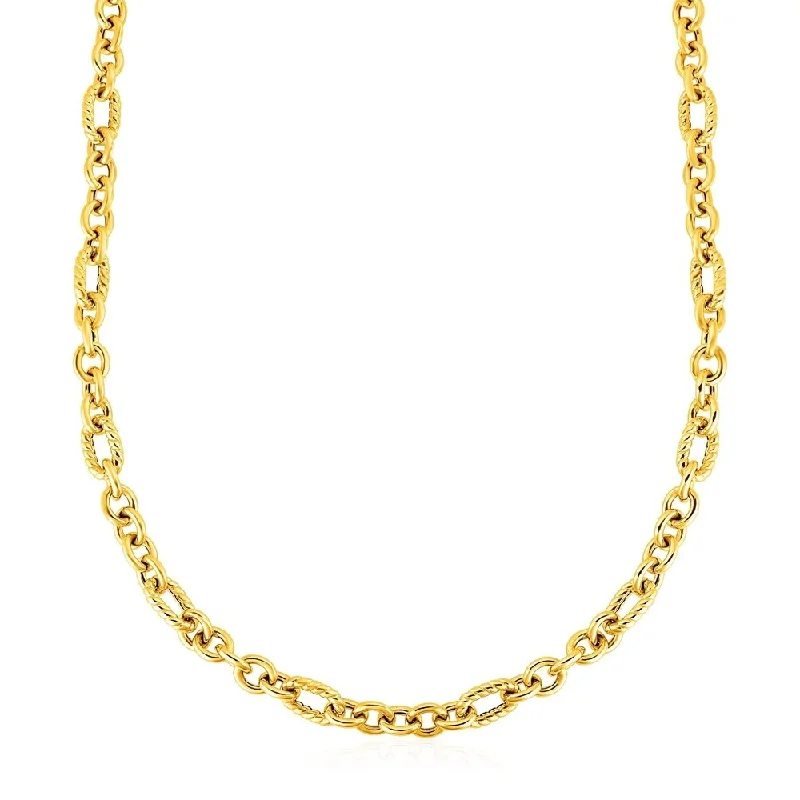 Retro deco necklaces-Shiny and Textured Oval Link Necklace in 14k Yellow Gold