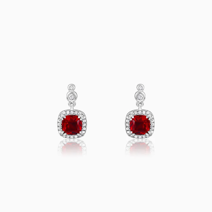 Topaz stone earrings-Silver Ruby Red Halo Earrings