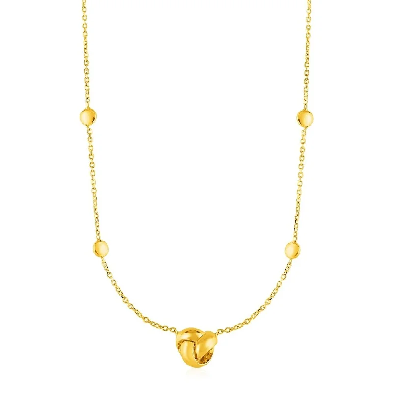 Fine drop necklaces-Station Necklace with Love Knot and Round Beads in 14k Yellow Gold