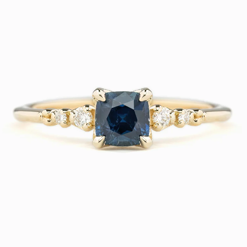 Pure crystal engagement rings-Estel Fleur Four Prongs Ring, 0.83ct Deep Teal Blue Montana Sapphire, 14k Yellow Gold (One of a kind)