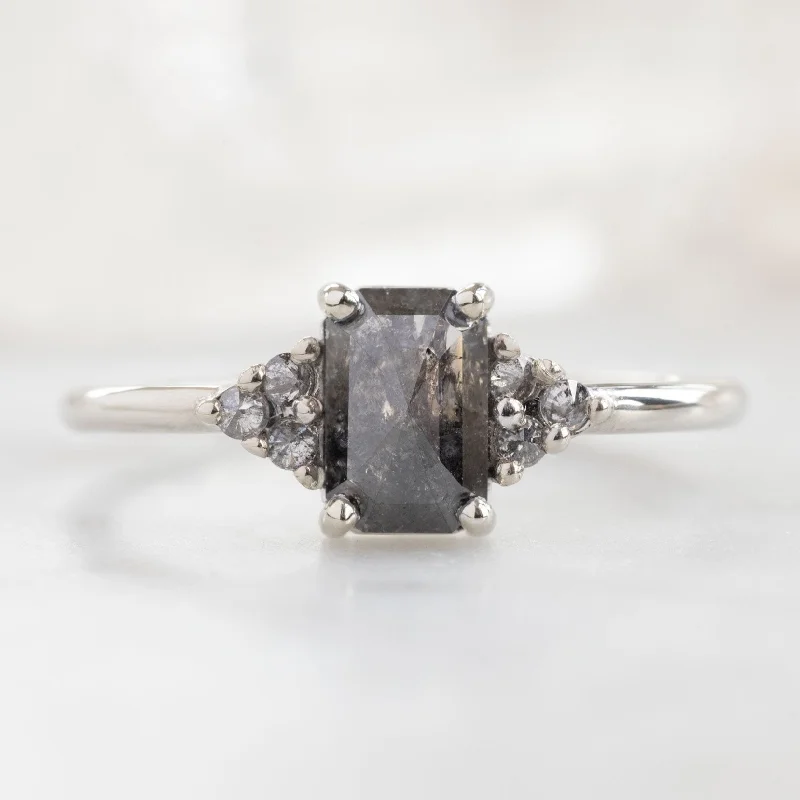 Light filigree engagement rings-The Ivy Ring | 0.95ct Emerald Cut Salt and Pepper Diamond in 14K White Gold