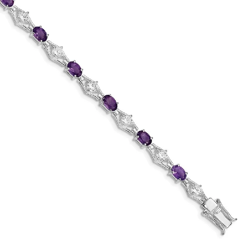 Glossy silver bangles-925 Sterling Silver Rhodium-plated Amethyst & Cubic Zirconia Bracelet, 7"