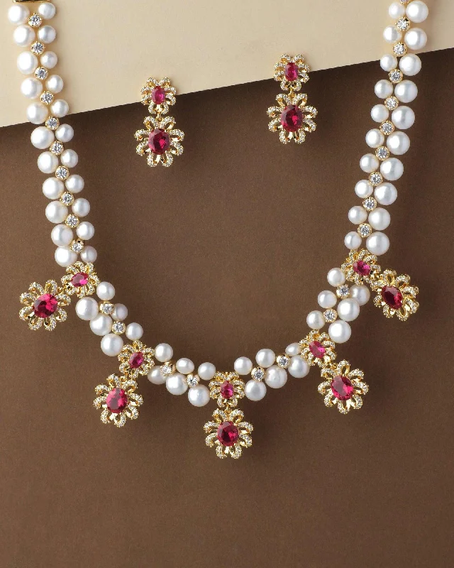 Crystal-woven necklaces-Gorgeous Florial AD Pearl Necklace Set