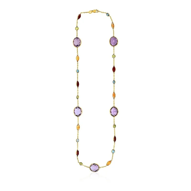 Oval shape necklaces-14k Yellow Gold Necklace with Multi-Colored Stones