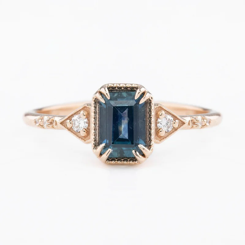 Pink quartz engagement rings-Agatha Ring 1.11ct Deep Teal Blue Emerald Montana Sapphire, 14K Rose Gold (One of a kind)