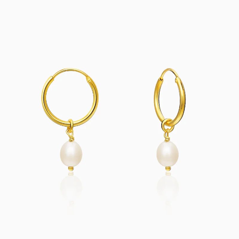 Pure star earrings-Golden Pearl Drop Hoops