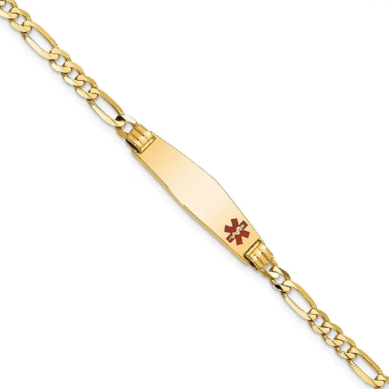 Tide pattern bangles-14k Yellow Gold 7.5mm Medical Soft Diamond Shape Red Enamel Figaro ID Bracelet, 7"